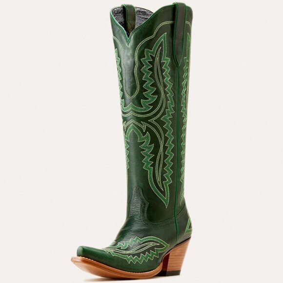 Women's Green Vintage Chunky Tall Knee High Heel Western Embroidery Boots - Picture 2 of 7